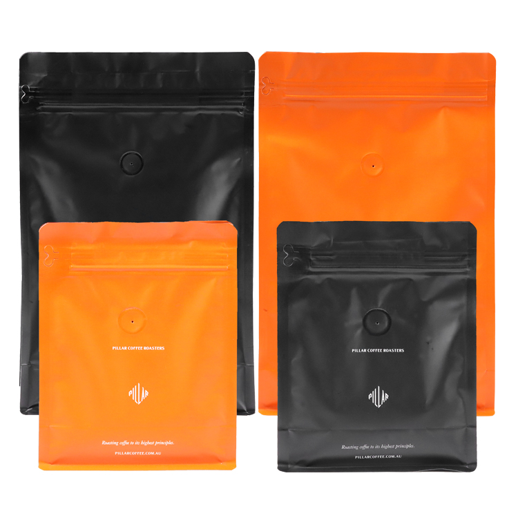 Custom Matte Black Flat Bottom Coffee Pouch with Valve and Side Zipper Gallery 2