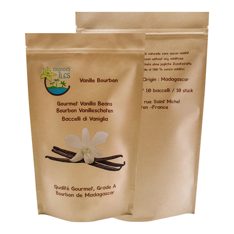 Custom Brown Kraft Paper Stand Up Pouch for Gourmet Vanilla Beans Packaging