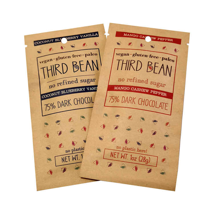 Custom Digitally Printed Kraft Paper Three-Side Seal Pouch for Organic Dark Chocolate Bars