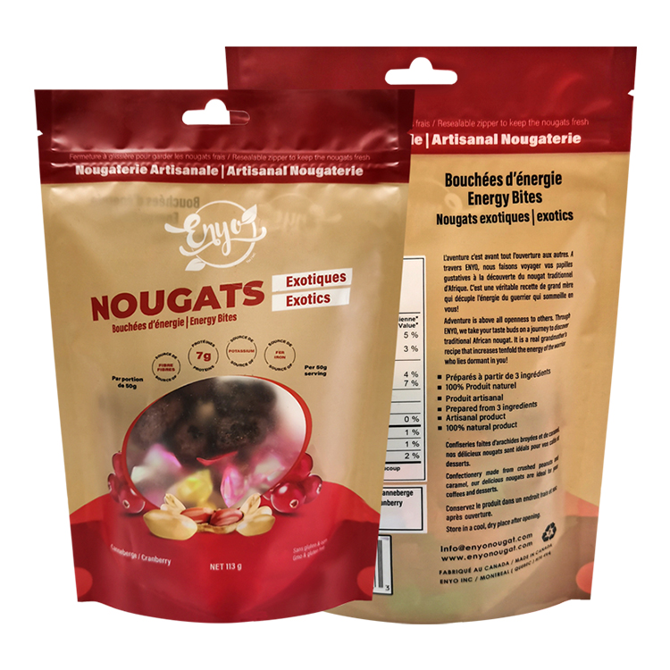 Custom Digitally Printed Matte Stand Up Pouch with Shaped Window and Hang Hole for Nougats & Energy Bites