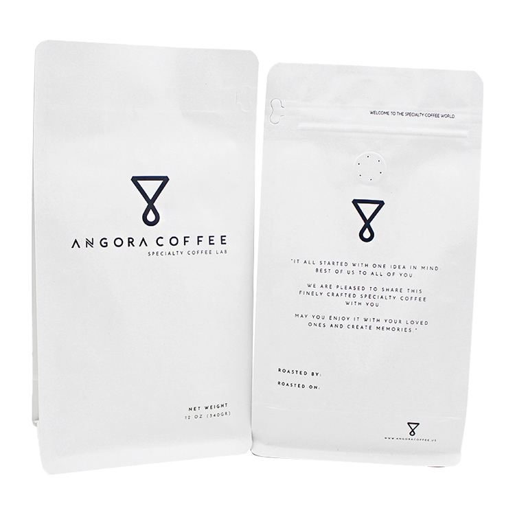 Custom White Kraft Paper Flat Bottom Coffee Bag with Degassing Valve and Side Zipper (12oz / 340g)