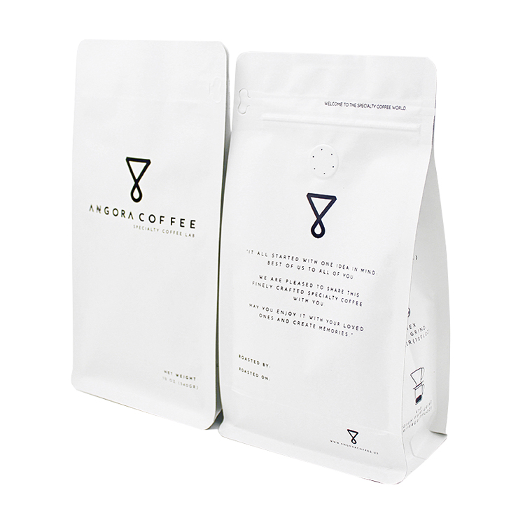 Custom White Kraft Paper Flat Bottom Coffee Bag with Degassing Valve and Side Zipper (12oz / 340g) Gallery 2