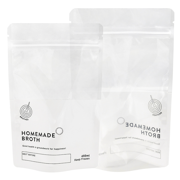 Custom Clear Window Stand Up Liquid Pouch with Leak-Proof Zipper for 450ml Frozen Broth & Soup