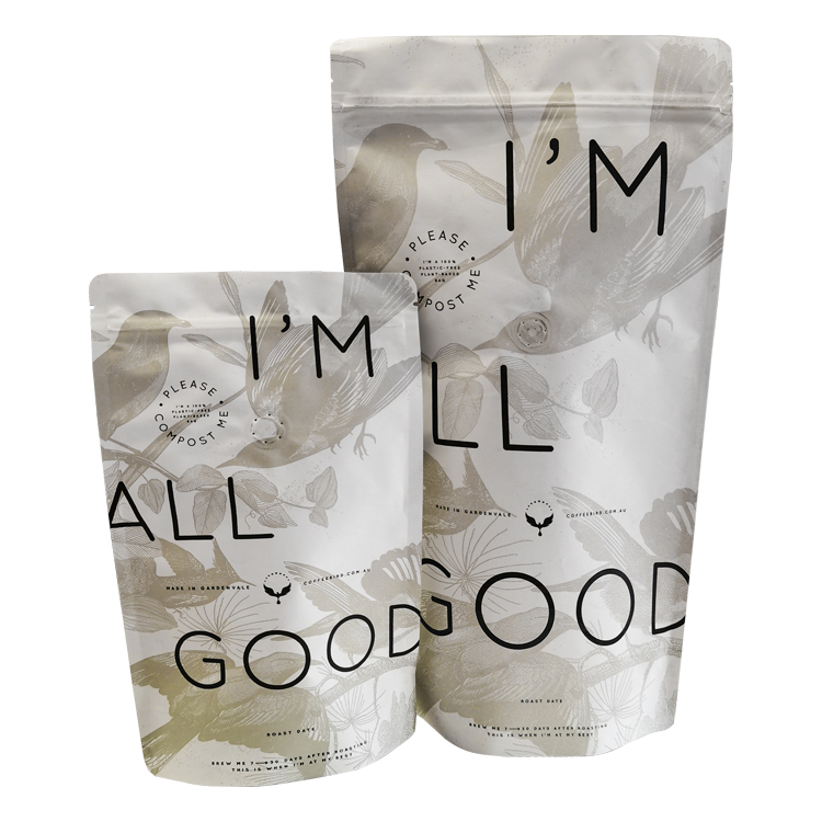 Custom 100% Eco-Friendly Compostable White Kraft Paper Coffee Pouch with Bio-Valve (PLA Lining)