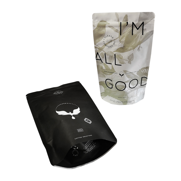 Custom 100% Eco-Friendly Compostable White Kraft Paper Coffee Pouch with Bio-Valve (PLA Lining) Gallery 2