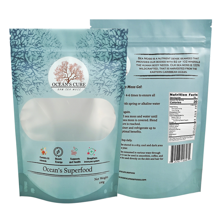 Custom 100g Stand-Up Pouch for Sea Moss – High-Barrier Matte Mylar Bag with Clear Window and Digital Printing