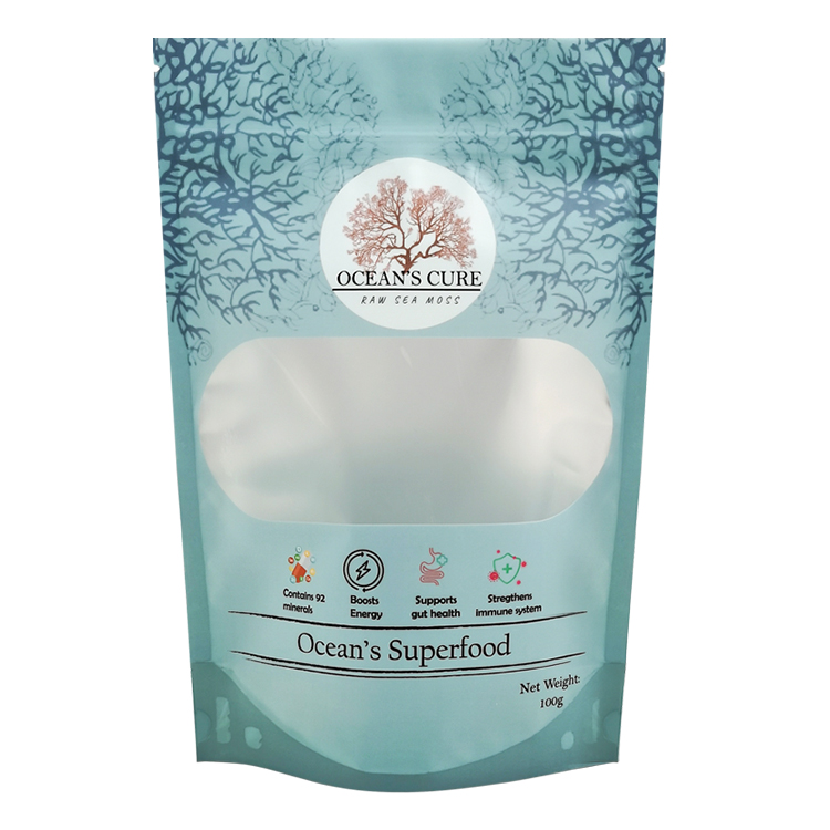 Custom 100g Stand-Up Pouch for Sea Moss – High-Barrier Matte Mylar Bag with Clear Window and Digital Printing Gallery 2
