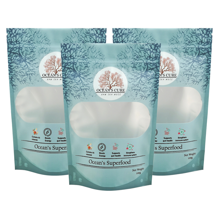 Custom 100g Stand-Up Pouch for Sea Moss – High-Barrier Matte Mylar Bag with Clear Window and Digital Printing Gallery 4