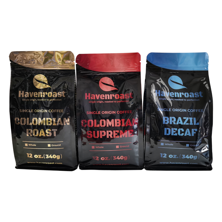 Custom 12oz Flat Bottom Coffee Pouch – High-Barrier Glossy VMPET Lined Eight-Side Sealed Bag with One-Way Degassing Valve