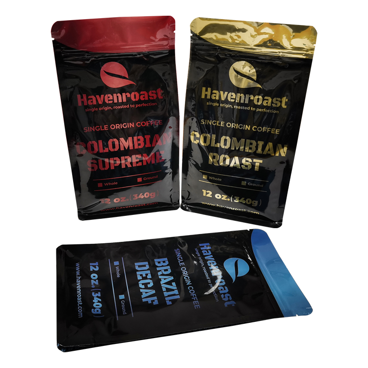 Custom 12oz Flat Bottom Coffee Pouch – High-Barrier Glossy VMPET Lined Eight-Side Sealed Bag with One-Way Degassing Valve Gallery 2