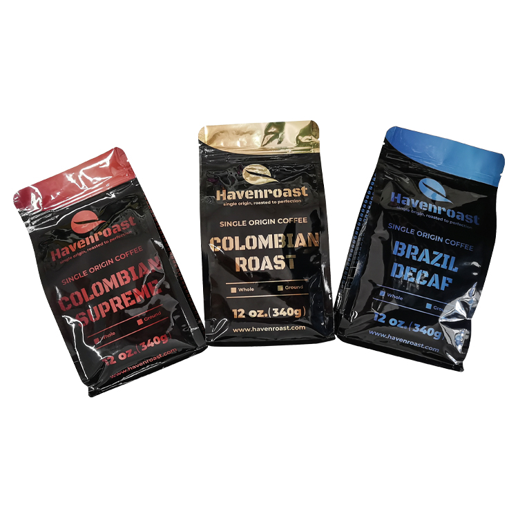 Custom 12oz Flat Bottom Coffee Pouch – High-Barrier Glossy VMPET Lined Eight-Side Sealed Bag with One-Way Degassing Valve Gallery 3