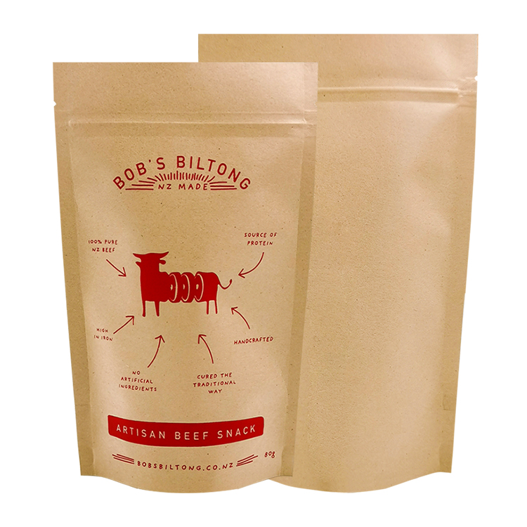 Custom 80g Kraft Paper Stand-Up Pouch for Beef Jerky – High-Barrier VMPET Lined Meat Snack Bag with Resealable Zipper