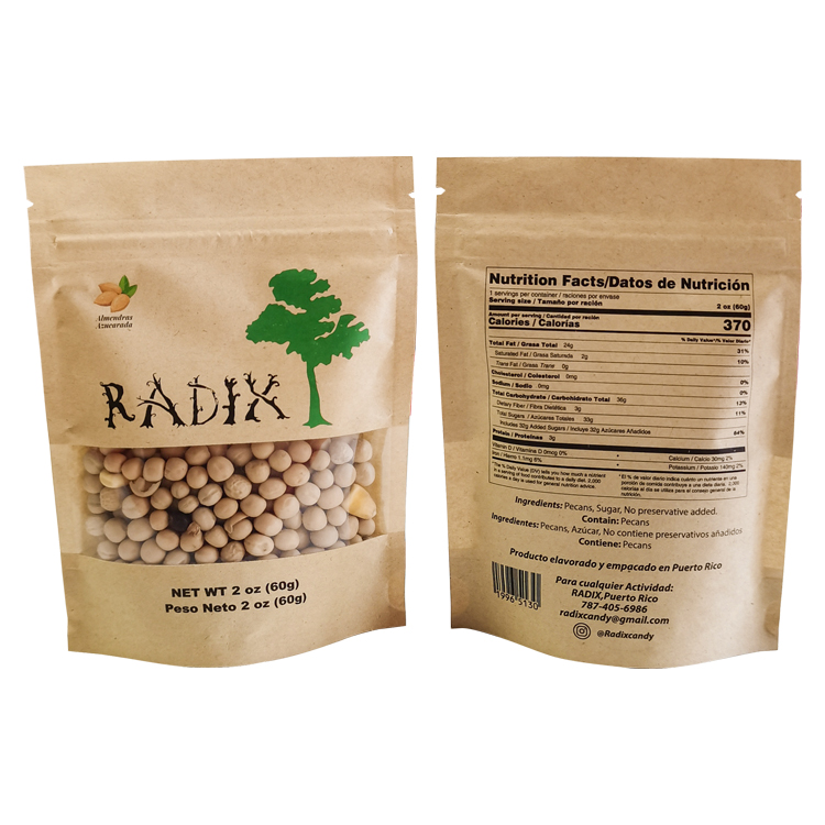 Custom Digital Printed Brown Kraft Paper Stand Up Pouch with Window for Candied Nuts & Snacks (2oz / 60g)
