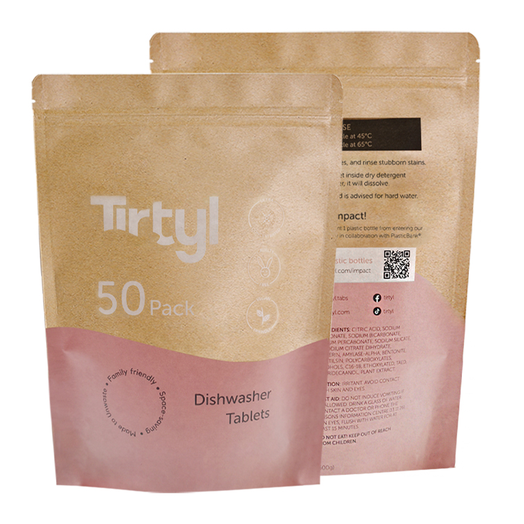 Custom Printed 100% Compostable Kraft Stand Up Pouch with PBS Zipper for Dishwasher Tablets