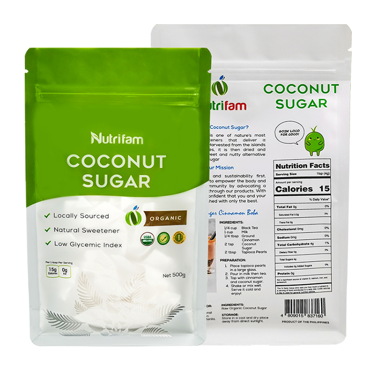 Custom Matte 8-Side Seal Flat Bottom Pouch with Clear Leaf Window for 500g Organic Coconut Sugar