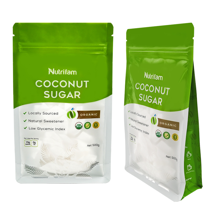 Custom Matte 8-Side Seal Flat Bottom Pouch with Clear Leaf Window for 500g Organic Coconut Sugar Gallery 3