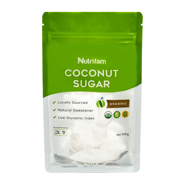 Custom Matte 8-Side Seal Flat Bottom Pouch with Clear Leaf Window for 500g Organic Coconut Sugar Gallery 4