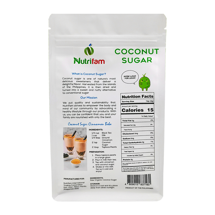 Custom Matte 8-Side Seal Flat Bottom Pouch with Clear Leaf Window for 500g Organic Coconut Sugar Gallery 5