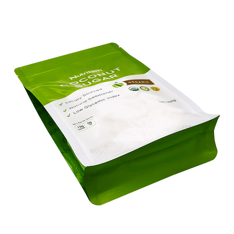 Custom Matte 8-Side Seal Flat Bottom Pouch with Clear Leaf Window for 500g Organic Coconut Sugar Gallery 6