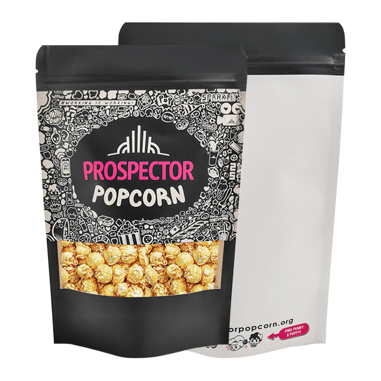 Custom Printed Matte Black Kraft Stand Up Pouch with Window (140 Micron) for Gourmet Popcorn & Snacks