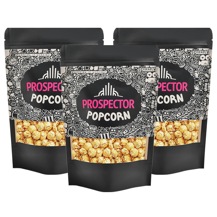 Custom Printed Matte Black Kraft Stand Up Pouch with Window (140 Micron) for Gourmet Popcorn & Snacks Gallery 2