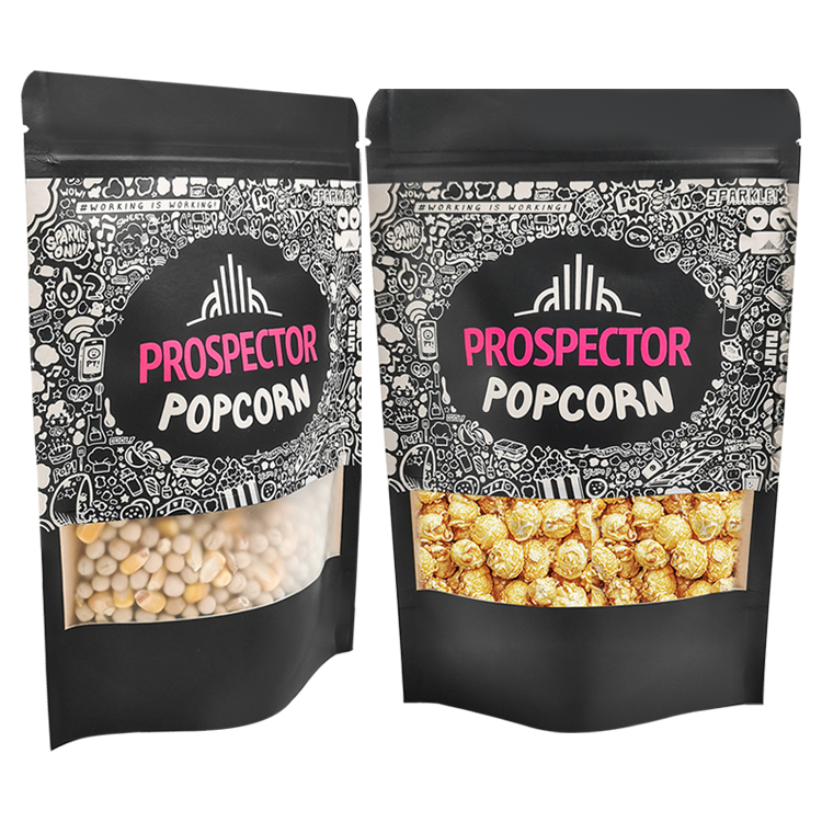 Custom Printed Matte Black Kraft Stand Up Pouch with Window (140 Micron) for Gourmet Popcorn & Snacks Gallery 5