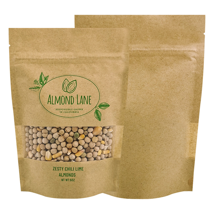 Custom Printed Brown Kraft Stand-Up Pouch with Full Horizontal Window for 6oz Nuts & Seeds