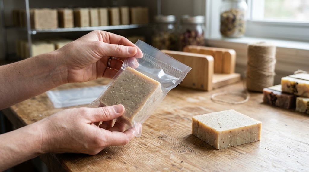 Illustrative transparent sealed pouch holding a bar of soap while hands inspect it beside a loose bar.