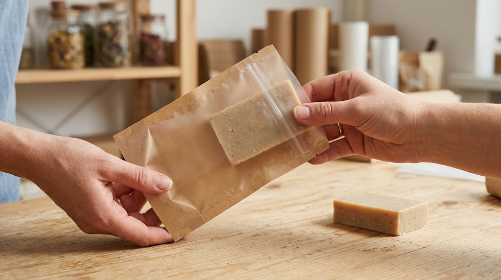 Illustrative bar soap inside a kraft-look flexible pouch with a transparent panel as hands hold the sample.