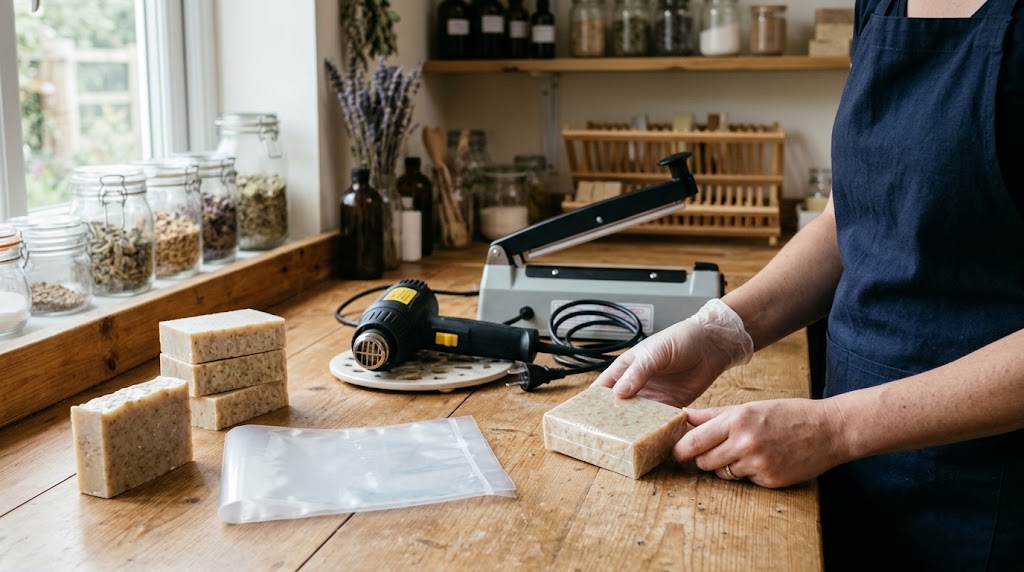 Illustrative soap maker examining a wrapped bar beside a shrink bag, tabletop sealer and resting heat tool.