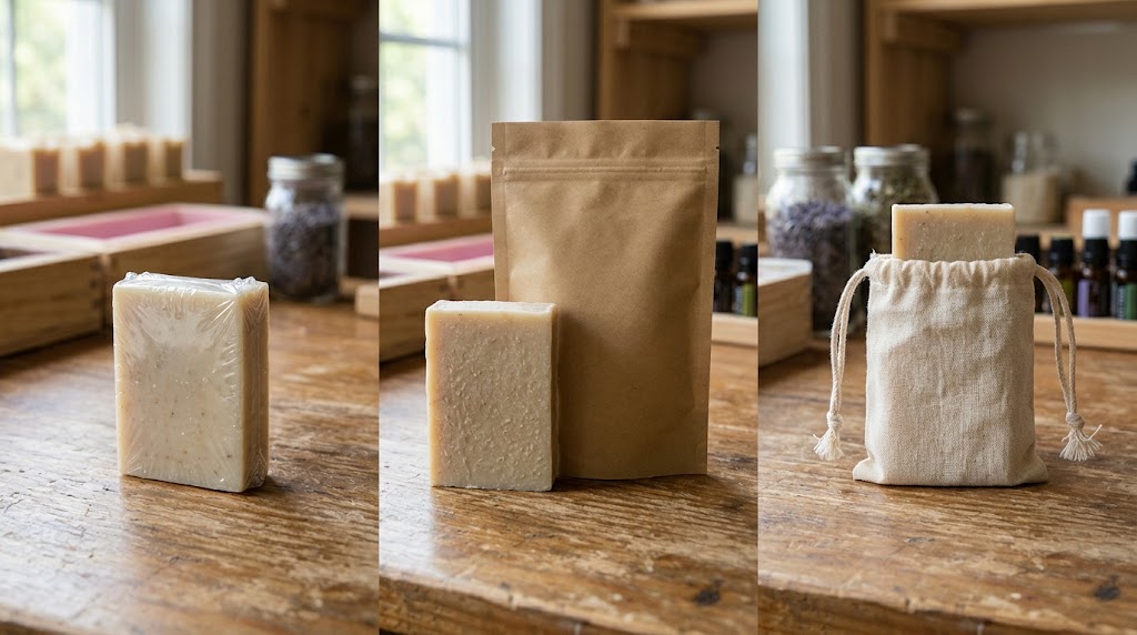 Illustrative comparison of a soap bar in close transparent wrap, a plain opaque pouch beside a loose bar, and an open muslin drawstring bag.
