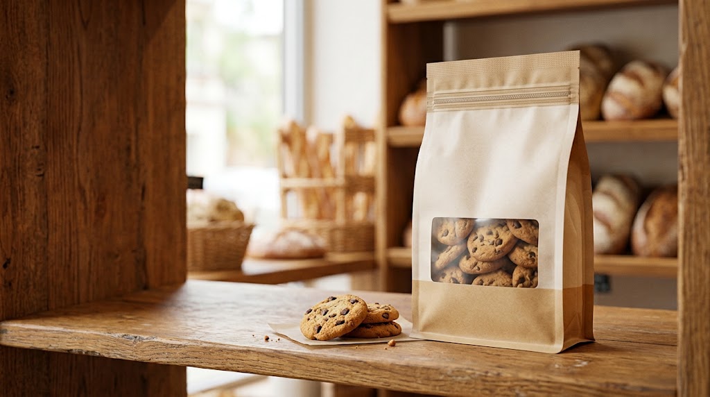 Unbranded kraft-look stand-up cookie pouch with a clear window on a bakery counter beside baked cookies
