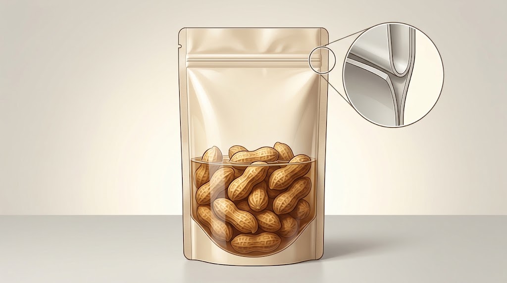 Illustrative cutaway of an in-shell boiled-peanut pouch with brine and shells below a clean top seal, plus a conceptual seal detail inset.