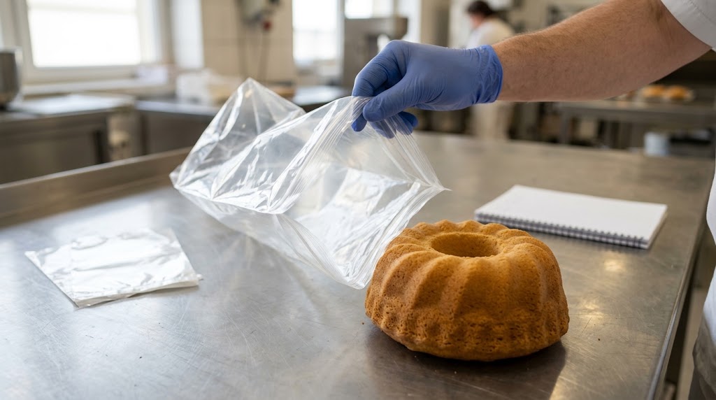 Illustrative gloved worker holding a clear flexible bag open beside an unbagged plain Bundt cake