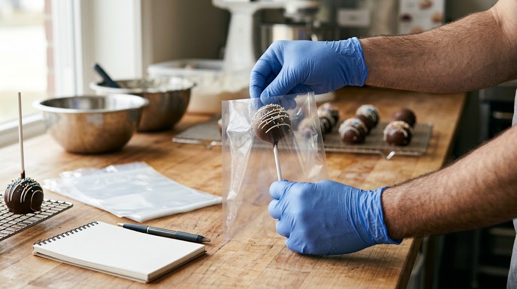 Illustrative bakery worker holding a clear bag around a decorated cake pop to review head clearance and stick position