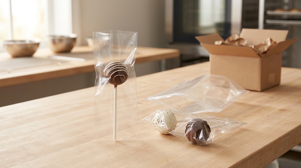 Illustrative chocolate-dipped cake pop in a clear sleeve on a bakery table, with other bag samples and an outer shipper nearby.