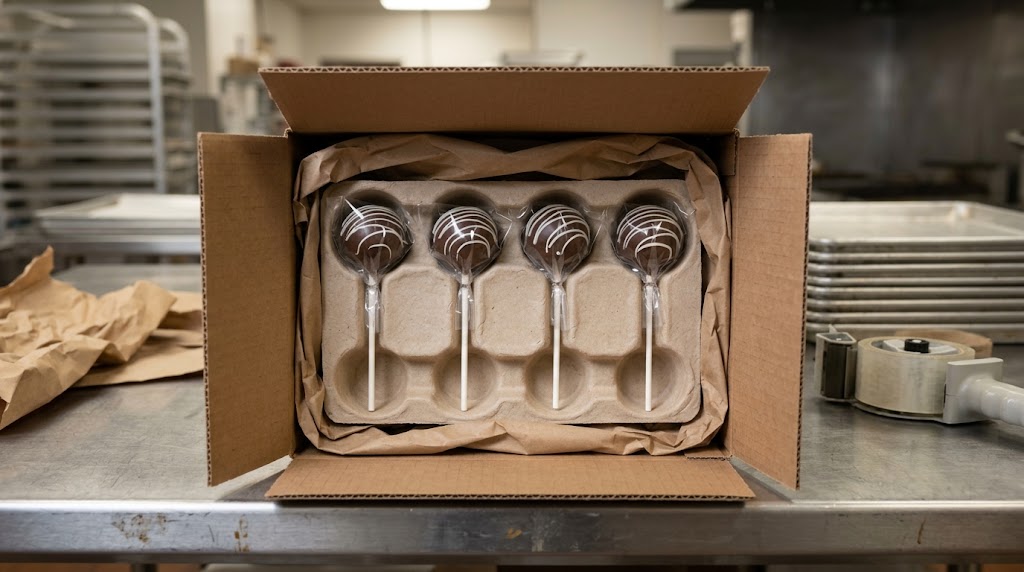 Illustrative four individually sleeved cake pops arranged in a molded support inside an open protective shipping carton