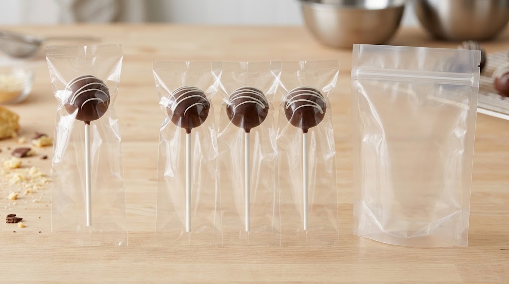 Illustrative cake pops in individual clear sleeves beside an empty larger flexible pouch