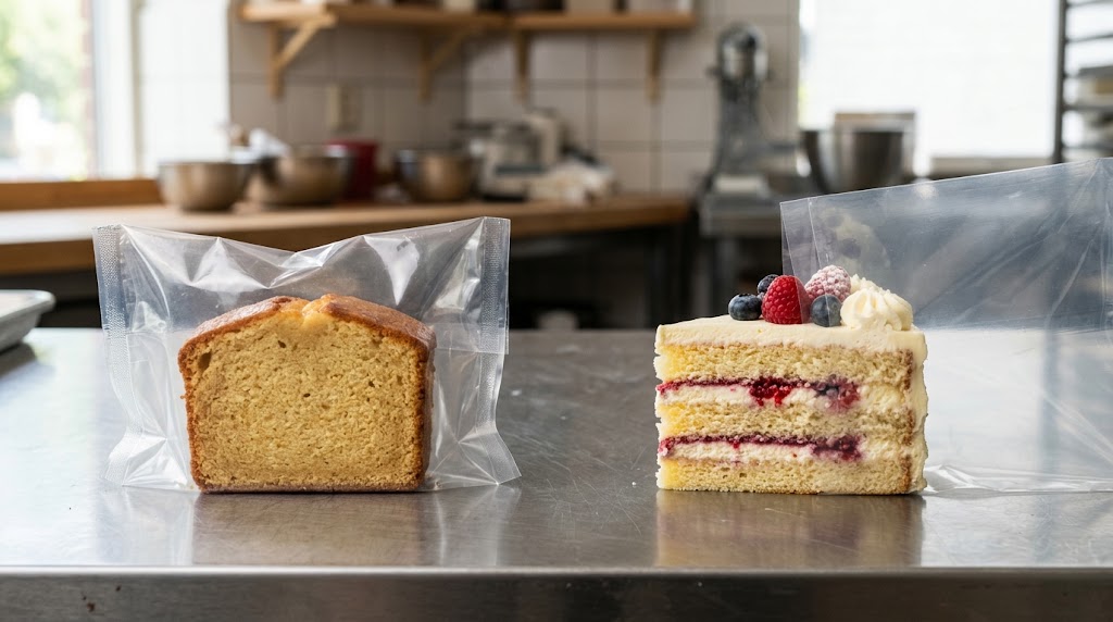 Illustrative comparison of a firm cake slice in a pouch and a tall frosted slice beside a flexible bag.