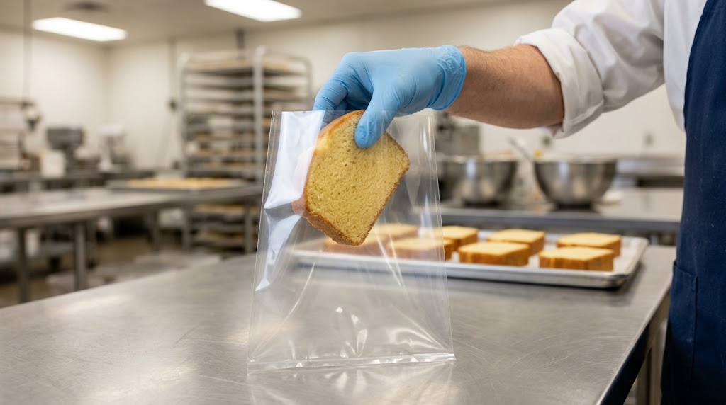 Illustrative bakery worker loading a firm cake slice into a clear flexible pouch.