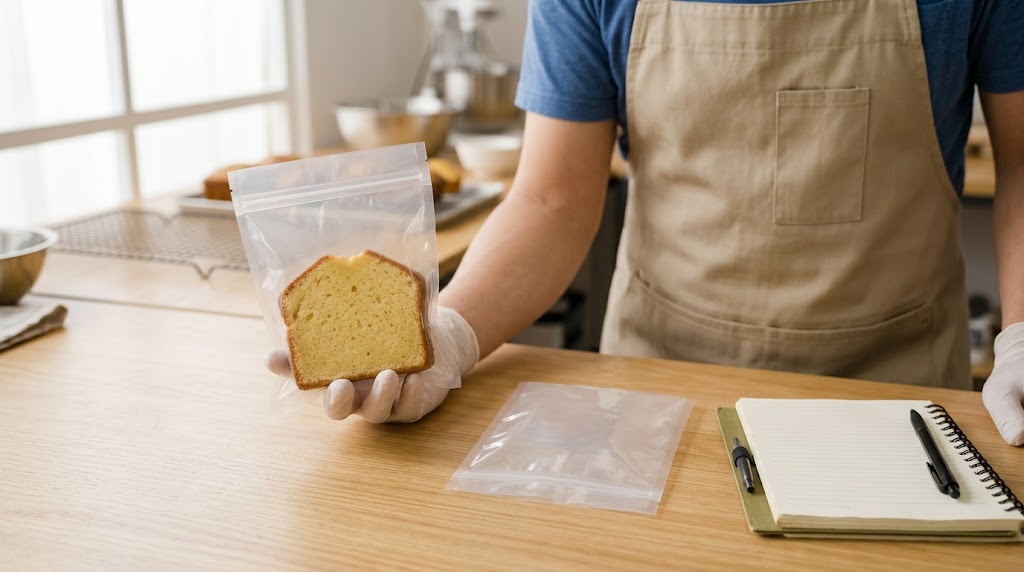 Illustrative bakery worker holding a cake-slice pouch beside an empty sample pouch and notebook.