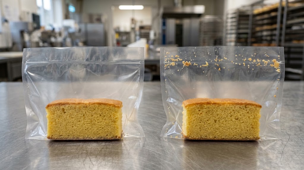 Illustrative comparison of cake pouches with a clean top area and crumbs near the closure area.