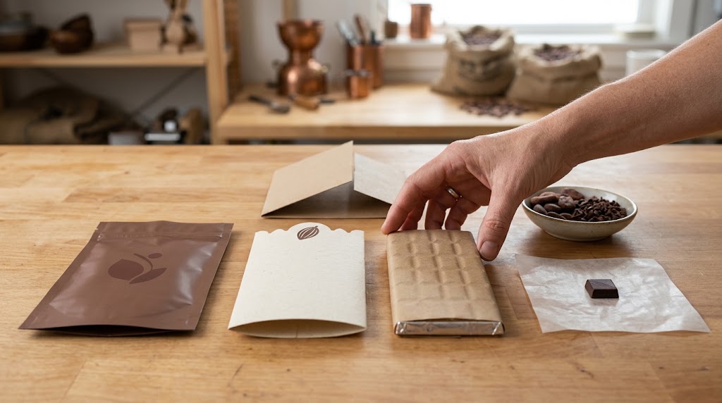 Illustrative chocolate packaging workbench with a flat pouch, scalloped paper sleeve and wrapped bar