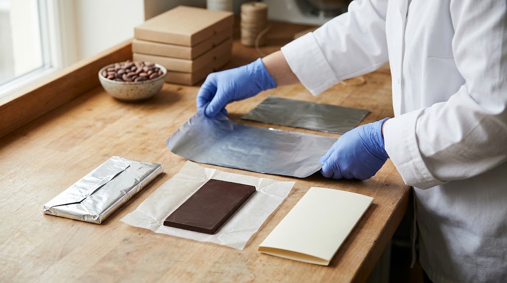 Illustrative gloved chocolatier lifting a foil sheet beside a wrapped bar, bare bar on parchment and paper sleeve