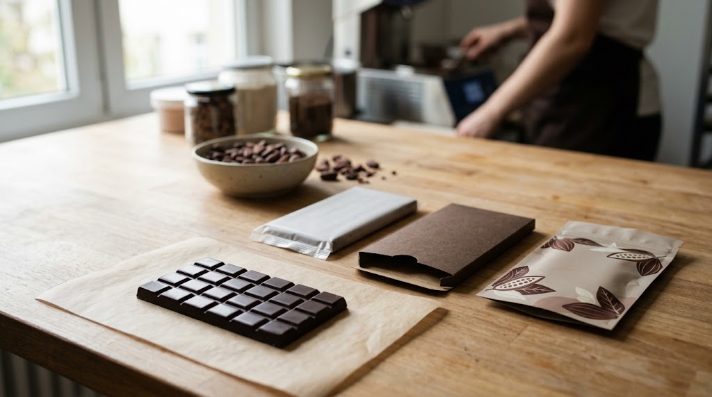 Illustrative photorealistic confectionery workbench with a real chocolate bar, a separate plain inner wrap, a printed cocoa-themed flexible pouch and an outer paper sleeve