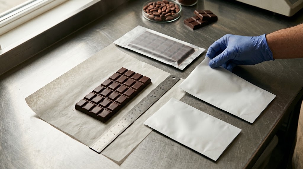 Illustrative photorealistic sample fit check of a molded chocolate bar beside a ruler, a sealed inner sample and two plain trial pouches on a confectionery workbench