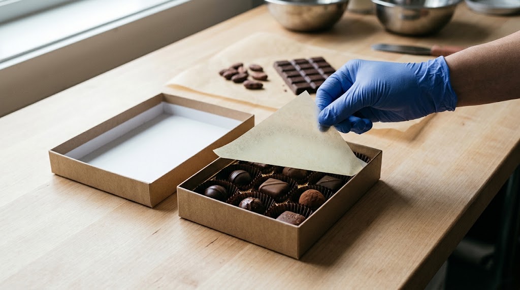 Blue-gloved hand lifts a pale paper sheet above bonbons in dark fluted cups inside an open kraft box, with the lid beside it
