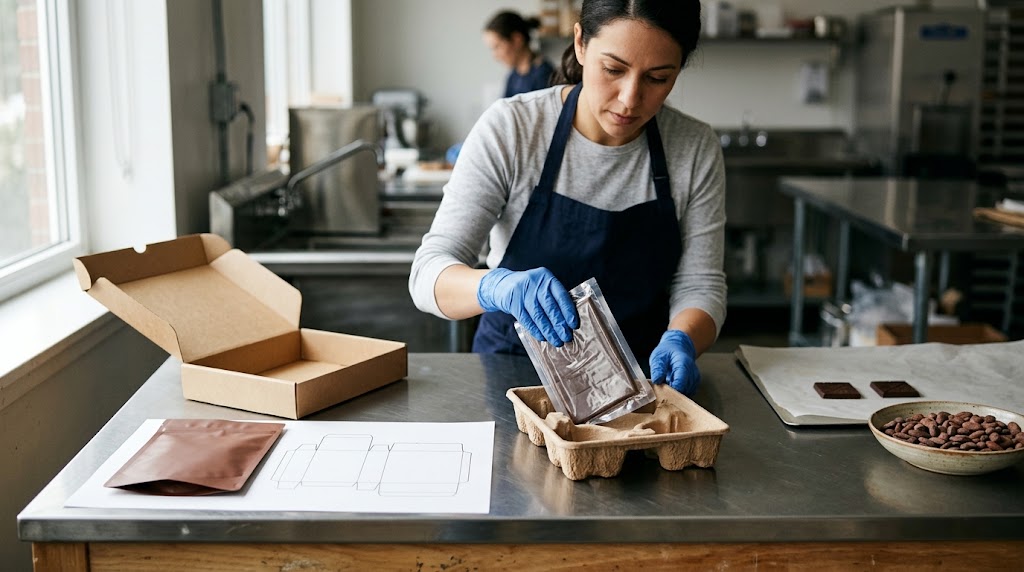 Gloved chocolatier holds a silver flexible packet over a molded tray, beside an open kraft carton, flat brown pouch sample and blank layout sheet
