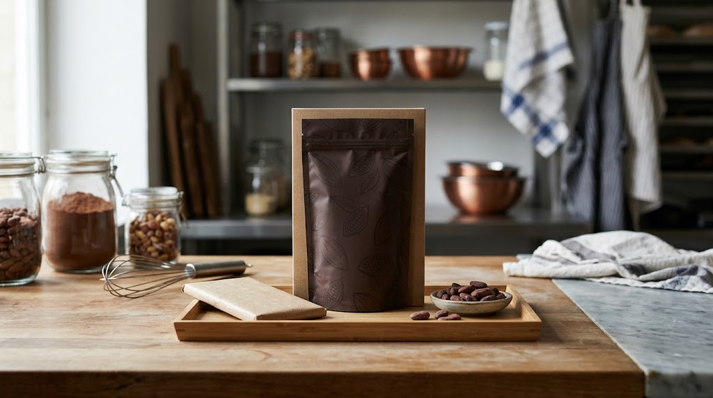 Closed cocoa-patterned pouch in an open brown sleeve on a kitchen tray beside a light wrapped packet and cocoa beans