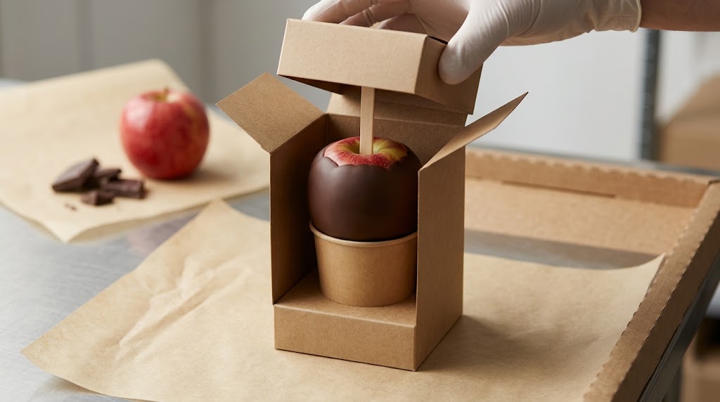 Gloved hand holds a carton top above a chocolate-coated apple with a stick, resting in a paper cup inside an open upright kraft box.
